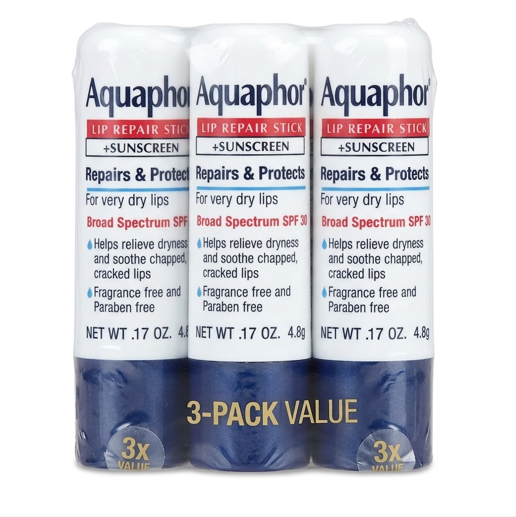 Aquaphor Lip Repair and Protect Stick with Sunscreen, Broad Spectrum SPF 30 Sunscreen Lip Balm, 0.17 Oz Stick, Pack of 3