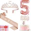 5th Birthday Decorations for Girls, Including 5th Birthday Sash and Tiara, Cake Topper and Candle, Number Balloon, 5 Year Old Girl Gifts