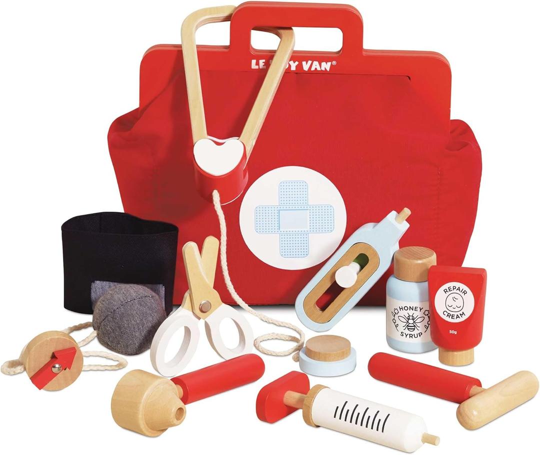 Le Toy Van - Kids Wooden Educational Pretend Play Honeybake Doctor's Medical Play Set Kit | Kids Pretend Play Role Play For Boys And Girls | 3 Year Old +, 8.66" x 5.70" x 5.90" (TV292) (Red)