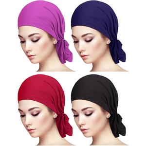 4 Pieces Slip-On Pre-Tied Head Scarves Women Headwear Turban Beanie Caps Head Wrap Headscarf for Women