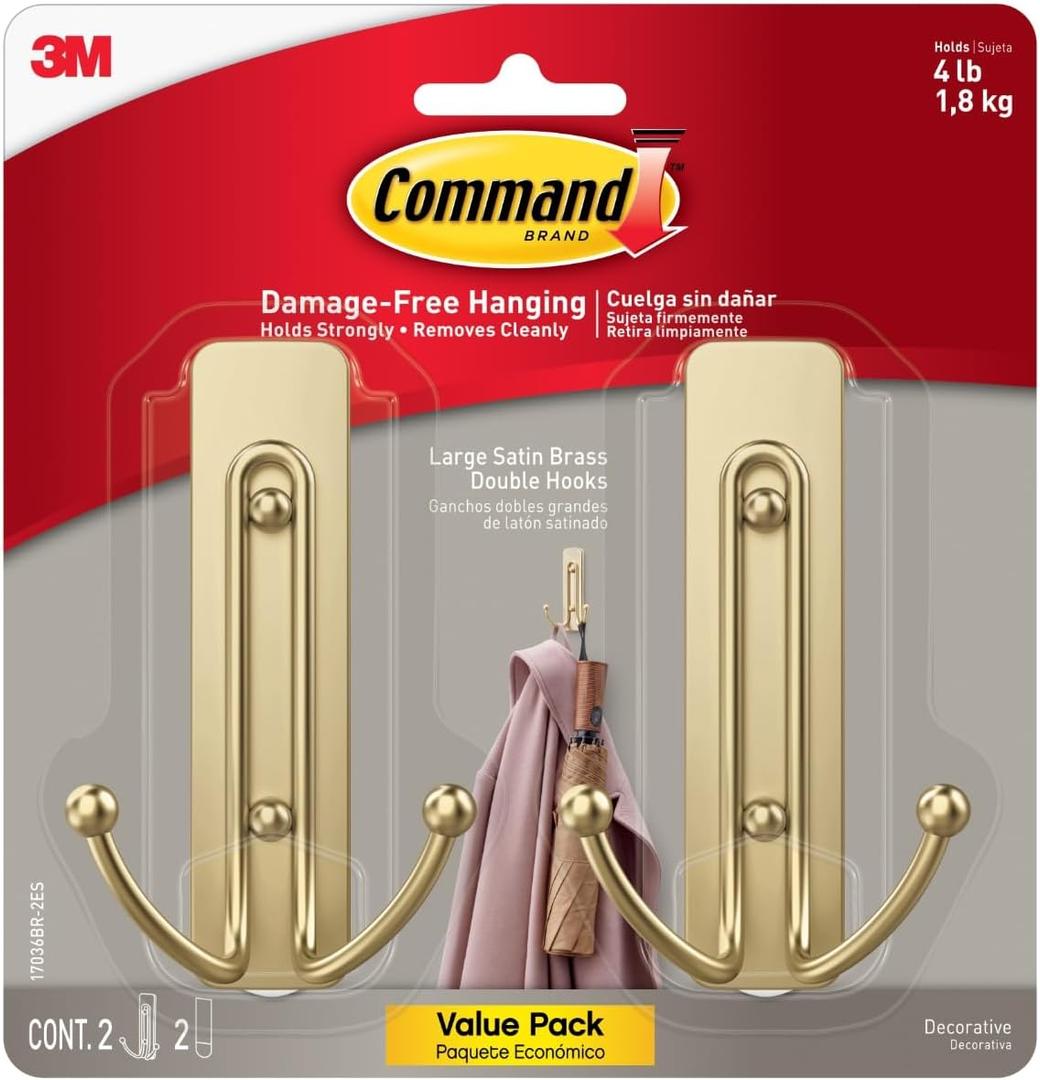 Command Large Satin Brass Double Hooks, 2 Hooks and 2 Strips, Damage-Free Wall Hook with Adhesive Strips, No Tools Coat Hook for Hanging Home Decor, Holds up to 4 lb