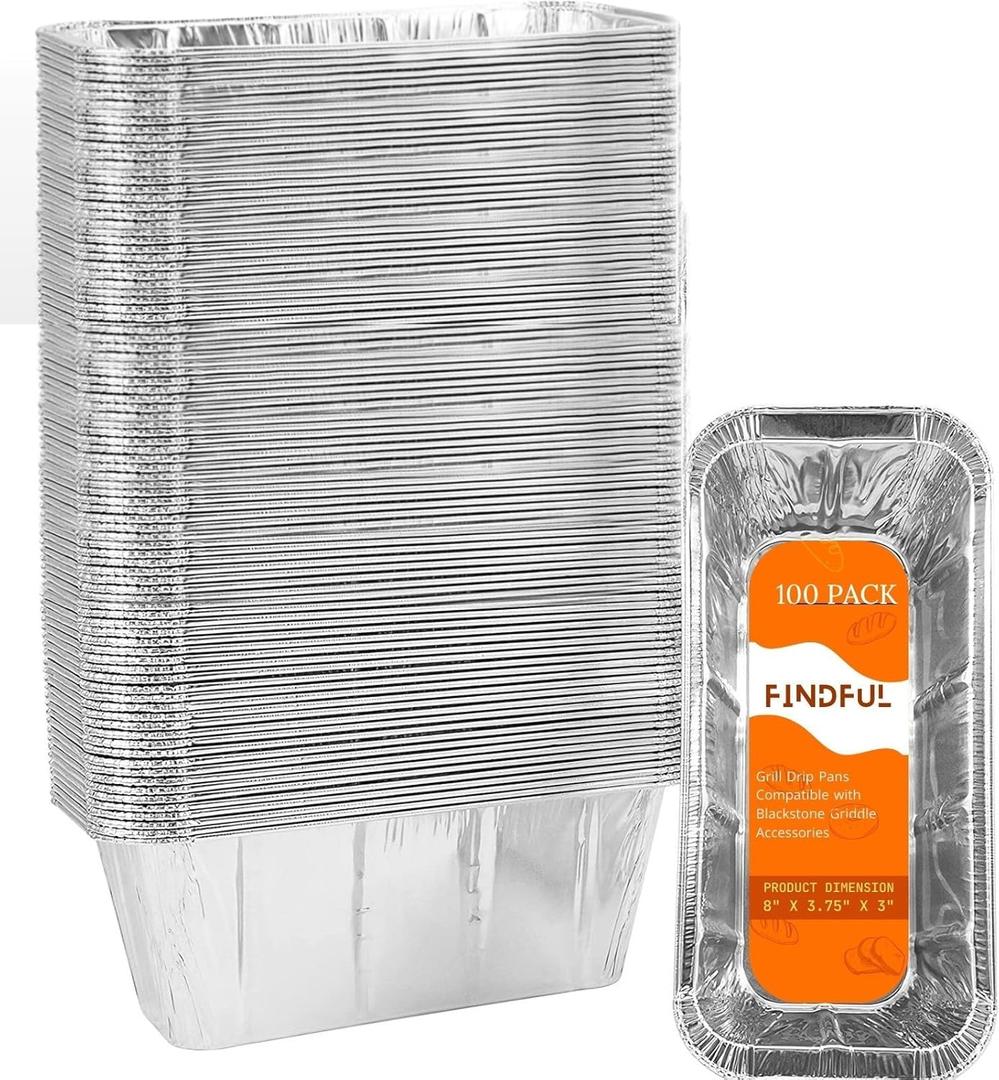 100 x Findful 100-Pack Drip Pans Liners for Blackstone Griddle Accessories, Aluminum Foil Pan Disposable for 17" 22" 28" 36" Blackstone Griddle Drip Tray Holder Grill Rear Grease Catcher Cup