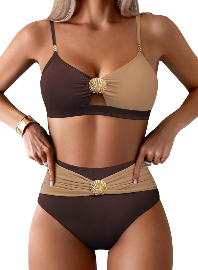 Pink Queen Women's 2 Piece Bikini Set 2026 Seashell Cutout Swimsuit High Waist Tummy Control Summer Beach Swim Bathing Suits (Chocolate Brown) Small 