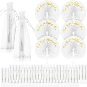 Suzile 50 Pcs Wedding Paper Fans Round Handheld Folding Fans Foldable Fans for Wedding with Plastic Handle and Yarn Bag Thank You for Celebrating with Us for Anniversary Guests Party(White)