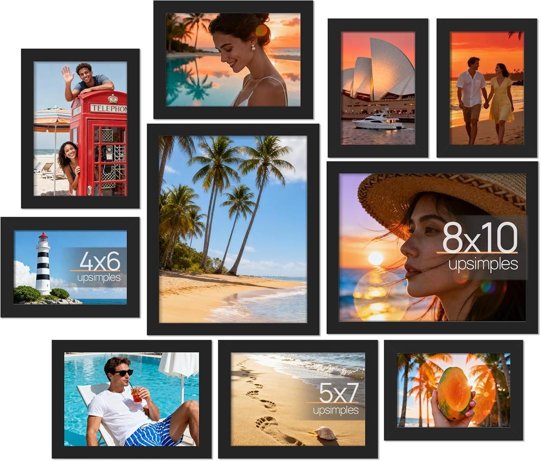 upsimples 10 Pack Picture Frames Collage Wall Decor for Mounting or Tabletop Display, Photo Gallery Frame Set for Family, Multi Sizes Including 8x10, 5x7, 4x6, Black