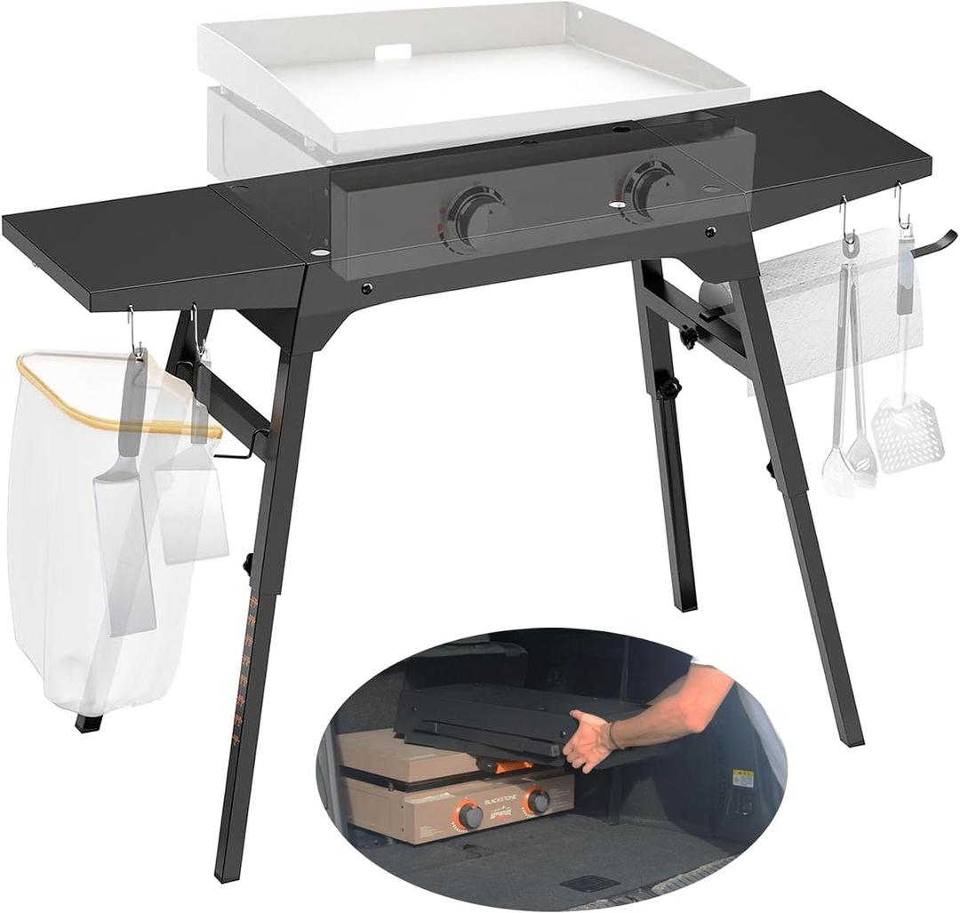 Upgraded Griddle Stand for Blackstone 22/17, Portable Blackstone Stand with Adjustable Legs, Side shelfs, Tool Hooks, Garbage Bag Holder & Paper Towel Holder, Grill Stand for Outdoor Cooking/Camping