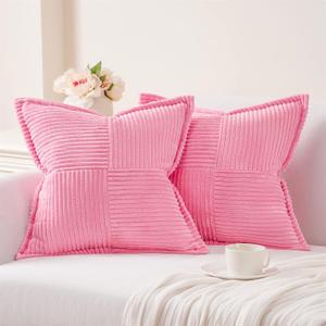 Topfinel Pink Throw Pillows Covers 18 x 18, Set of 2 for Couch Living Room, Splicing Corduroy Wide-Brimmed Decorative Cushion Covers, Rustic Farmhouse Pillowcase for Girl's Bedroom Bed Sofa, Baby Pink