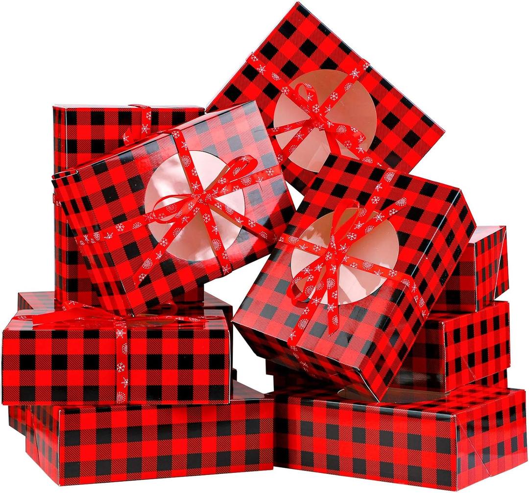 Aneco 12 Pack Christmas Cookie Boxes with Window Red and Black Plaid Holiday Treat Boxes Paper Food Boxes Xmas Gift Bags Cake Candy for Gift Giving Bakery Packaging Containers