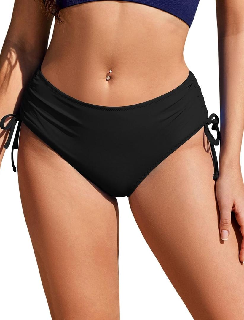 Ekouaer Women Bikini Bottoms Mid Waist Swim Bathing Suit Bottom Full Coverage Swimsuit Bottom Ajustable Side Tie Swim Shorts Small