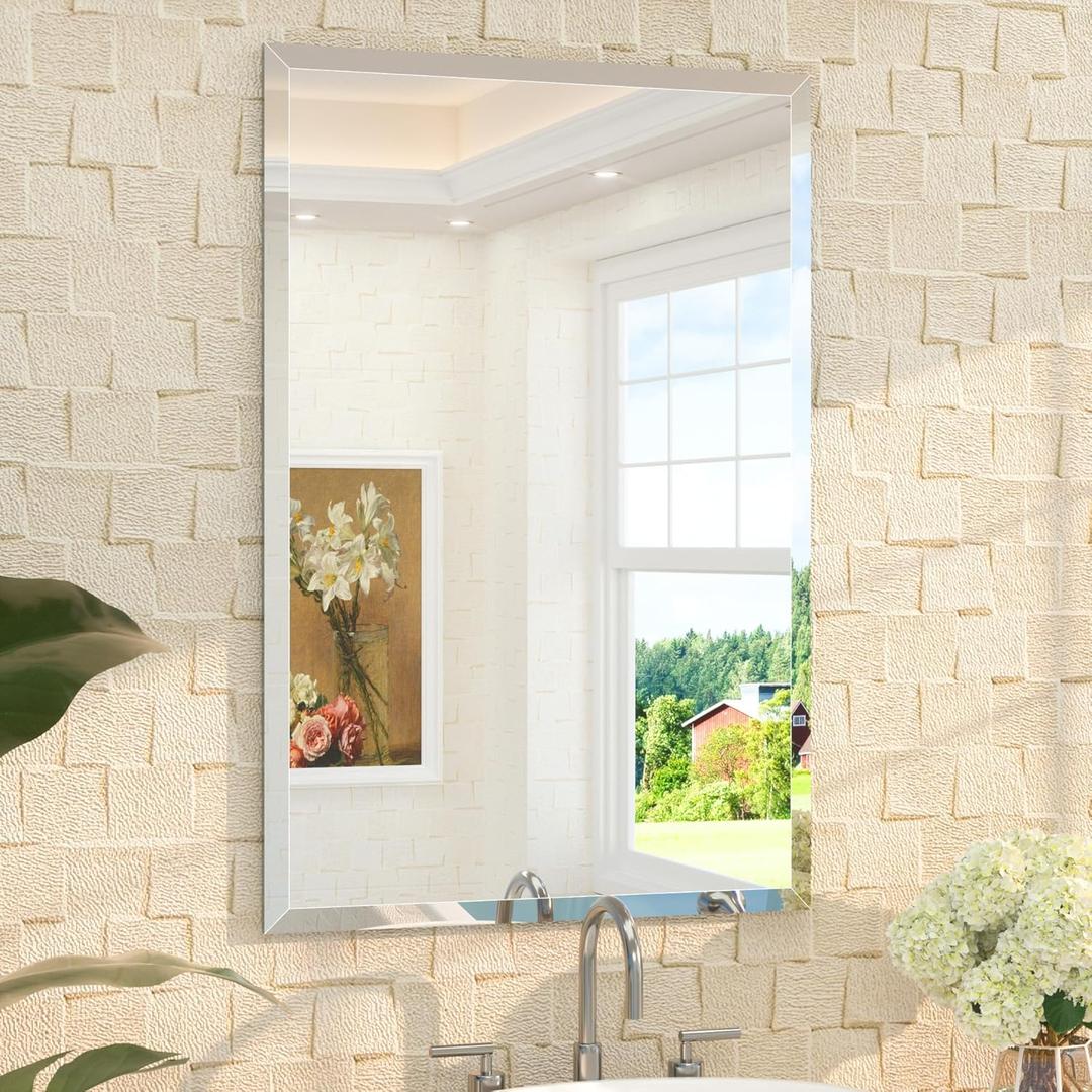 TETOTE 24" x 36" Rectangle Tempered Mirror with Frameless Beveled Edge for Vanity and Bathroom