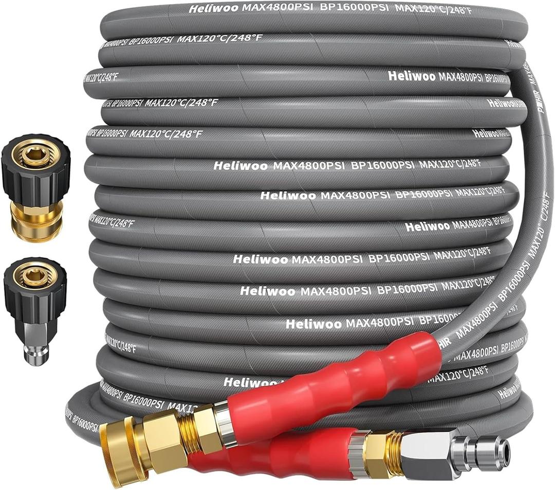 Heliwoo 3/8'' Pressure Washer Hose 50 FT, Hot and Cold Water Power Washer Hose Max 248°F, Commercial Industrial Grade Steel Wire Braided Kink Proof Extension Hose with 3/8 Quick Connect 4800 PSI