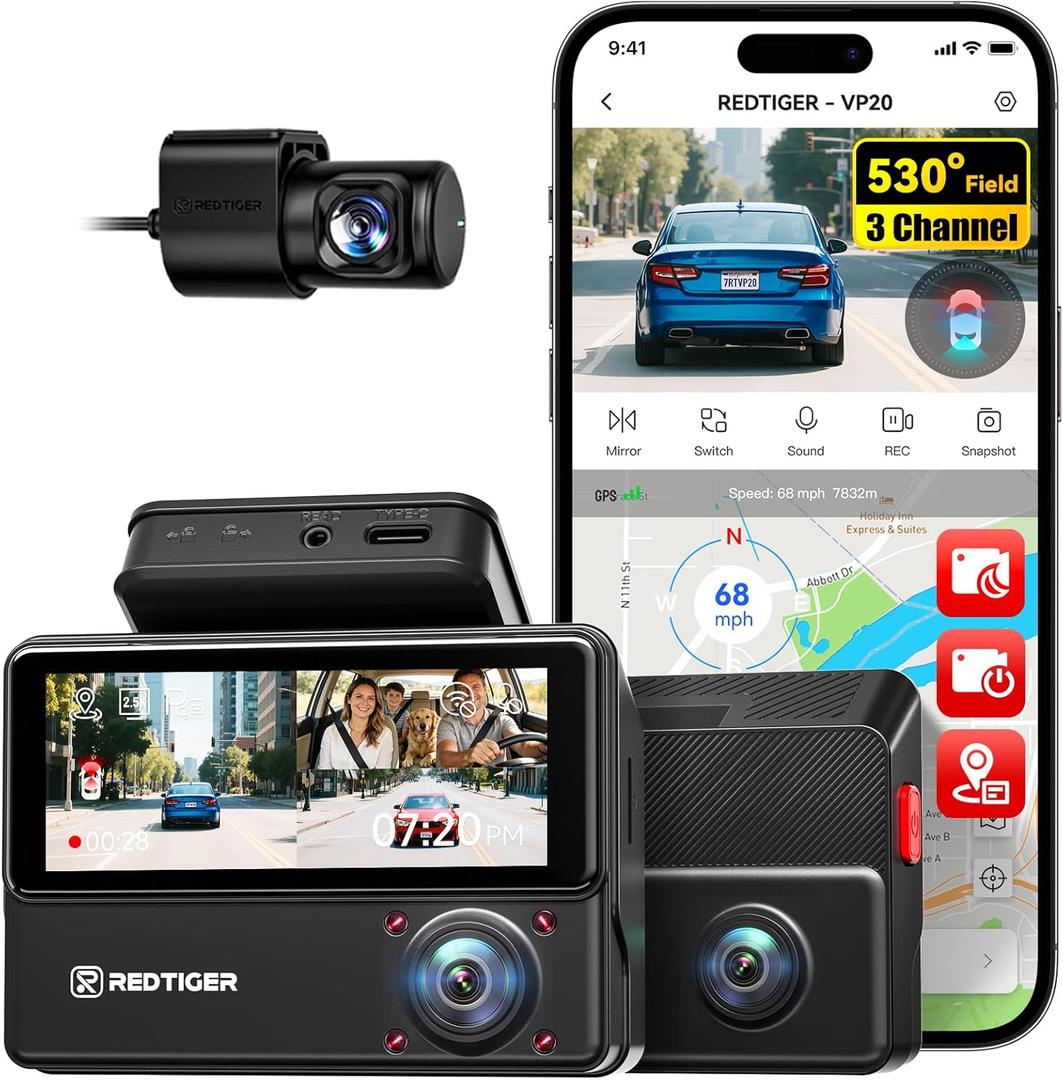 REDTIGER 530° Dash Cam 3 Channel, 2.5K+2.5K+1080P Triple Car Camera with 128GB Card, IR Night Vision, Touch Screen, Dashcam for Front Inside Rear Included WiFi GPS, 24H Parking Mode