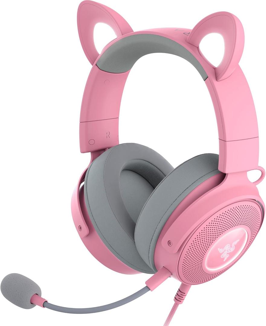 Razer Kraken Kitty V2 Pro Wired RGB Headset: Interchangeable Ears (Kitty, Bear, Bunny) - Stream Reactive Lighting - Detachable HyperClear Cardioid Mic - 50mm Drivers - 7.1 Surround Sound - Quartz Pink (Standard)