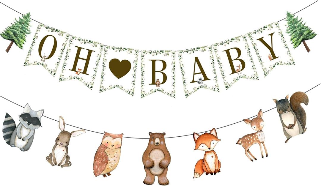 Woodland Oh Baby Banner for Baby Shower Decorations Forest Theme Birthday Party Supplies Woodland Animal Baby Show Party Decorations
