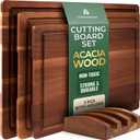 Acacia Wood Cutting Board Set of 3 with Holder, Juice Grooves & Handles