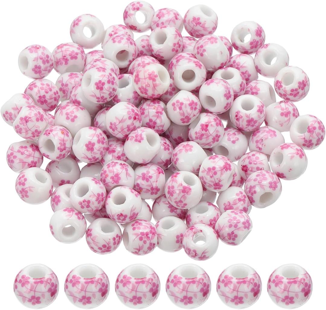 PATIKIL 100 Pink Porcelain Flower Beads, 8mm Round Ceramic Loose Beads for Jewelry Making