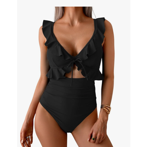 Eomenie One Piece Swimsuit for Women Tummy Control Ruffle Bathing Suit V Neck Ruched Swim Suit Slimming Cutout Swimwear, Size-L