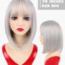 NOTICEME 14 Inch Silver Bob Wig with Bangs, Short Straight Synthetic Heat Resistant Wigs for Women with Adjustable Straps & Wig Cap for Party Cosplay Daily Use