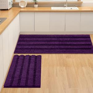 Non Slip Thick Shaggy Chenille Bathroom Rug Sets 2 Piece, Thickened Hot Melt Rubber Bottom Bath Mats for Bathroom, Bath Rugs Quick Dry Machine Washable for Shower (Plum, 47"x17" Plus 17"x24")