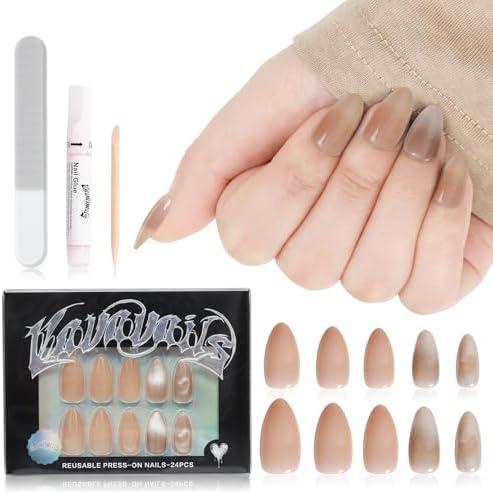 VAVAVAILS Almond Press on Nails, Reusable, Long Lasting Fake Nails Semi-Transparent Medium Length, Glitter Manicure Set for Women, 12 Sizes - 24 Pcs with Glue & Jelly Gel, Cat Eye Nude Brown