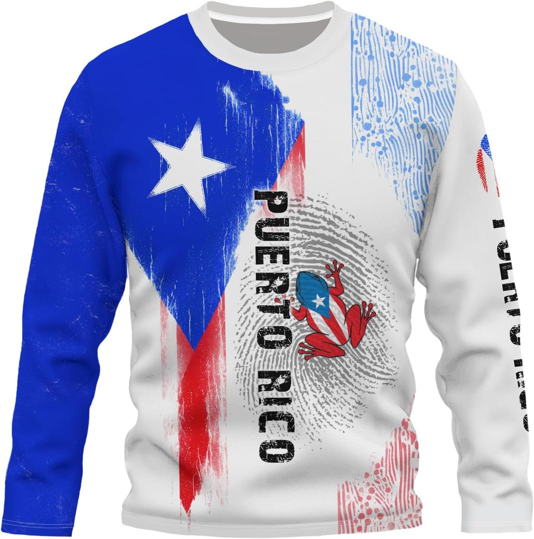 Men's Puerto Rico Flag Long Sleeve T-Shirt 3D Printed Boricua Vintage Crew Neck Puertorrican Shirt for Women XL