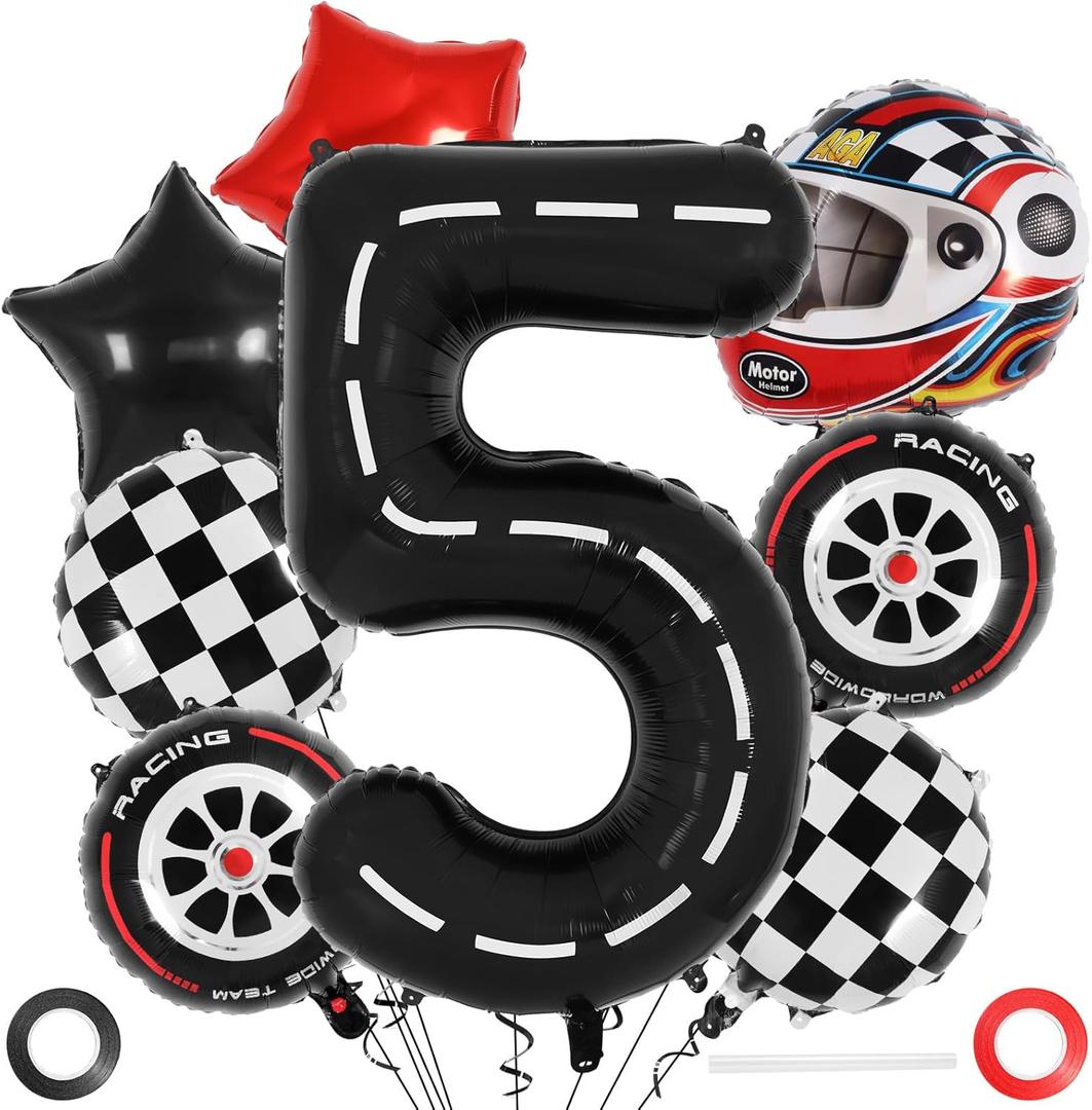 Race Car 5 Balloons, 40 Inch Racetrack Number 5 Balloon, Large Foil Mylar Racetrack Black 5 Balloon for 5 Year Old Birthday Race Car Themed Party Decoration