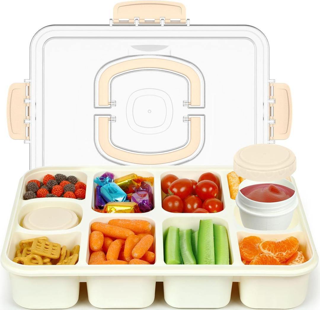 Caperci Original Snackle Box Container - 10-Compartment Divided Snack Serving Tray with Lid & Handle, 2 Dressing Containers, Perfect for Picnic, Leak-Proof, Dishwasher Safe, BPA-Free (Cream)