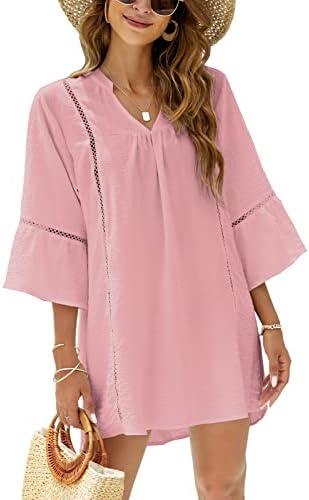 BMJL Womens Swimsuit Coverup V Neck Bathing Suit Cover Ups for Swimwear Chiffon Bell Sleeve Beach Dress, Large