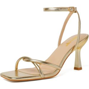 RIBONGZ Women's Heeled Sandals Square Open Toe Kitten Strappy Heels with Ankle Strap Elegant Summer Wedding Party Evening Prom Daily Wear Lace Up Dress Shoes, 9.5