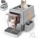 Stainless Steel Litter Box with Lid, XL Extra Large Enclosed Cat Litter Box for Big Cats 110 Flip Cover, Top Entry Metal High Sided Cat Box & Pedal & Scoop, Anti-Leakage (Grey)