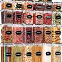 PRAKI 30 Pack Airtight Food Storage Containers for Kitchen Pantry Organizers and Storage, Plastic Kitchen Storage Canisters with Lids,Cereal, Flour & Sugar Containers - Labels, 6 Spoon & Marker (Black-30 Piece)