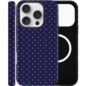 Magnetic Case for iPhone 15 Pro, Compatible with MagSafe, Aesthetic Polka Dot Cute Design for Women, Hybrid 2-Layer Hard Shell Phone Cover, Blue