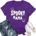 Halloween Shirts for Women Spooky Mama T-Shirt Funny Leopard Cobwebs Crewneck Tee (Purple, S)