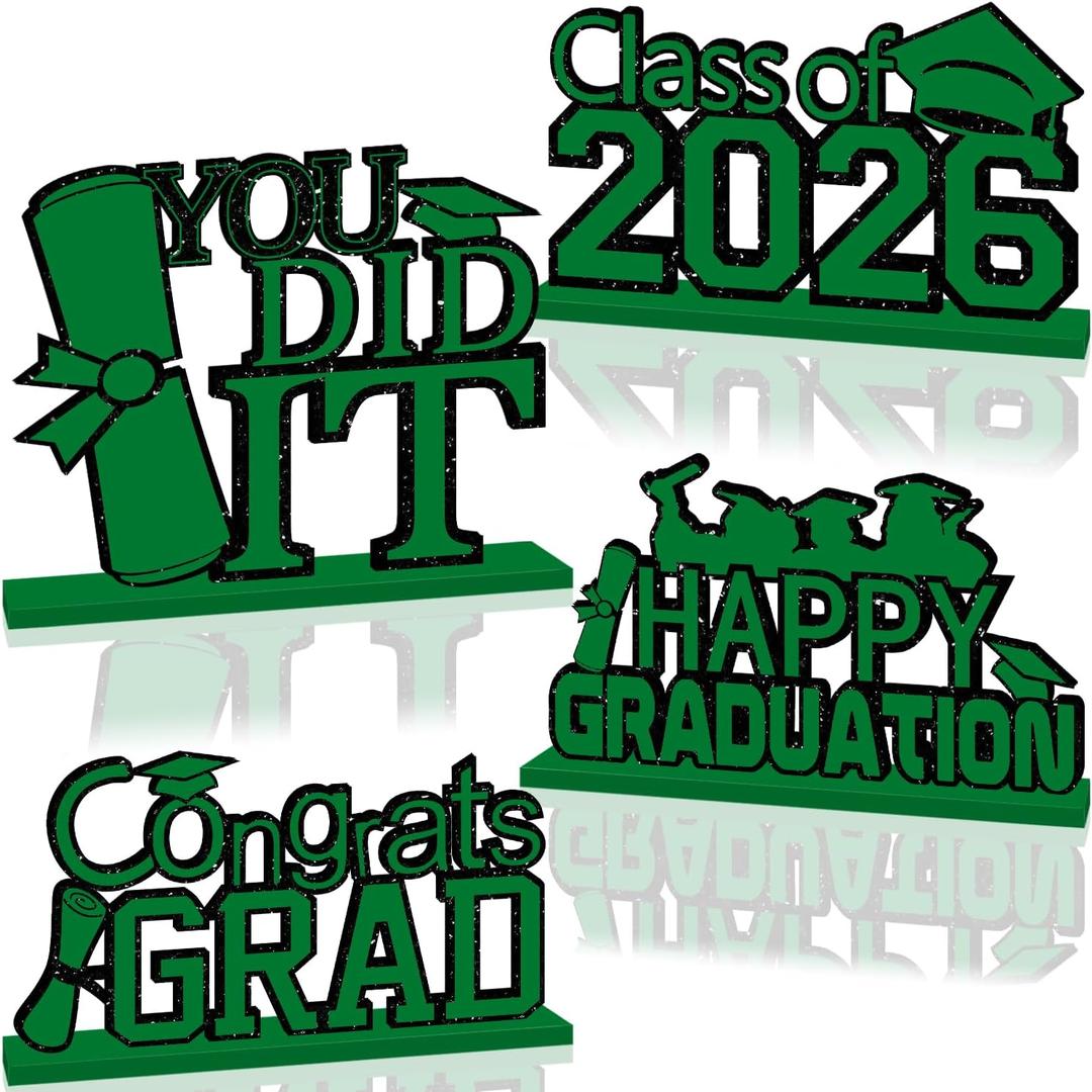 4Pcs Green Graduation Decorations Class of 2026 Congrats Grad Wooden Graduation Table Decorations for 2026 Graduation Party Decorations