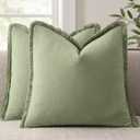 ANRODUO Set of 2 Decorative Throw Pillow Covers 2020 Inch Soft Linen Fringe Farmhouse Boho Vintage Cushion Covers with Tassels Accent Pillowcase for Couch Sofa Bed Living Room Summer Decor Sage Green