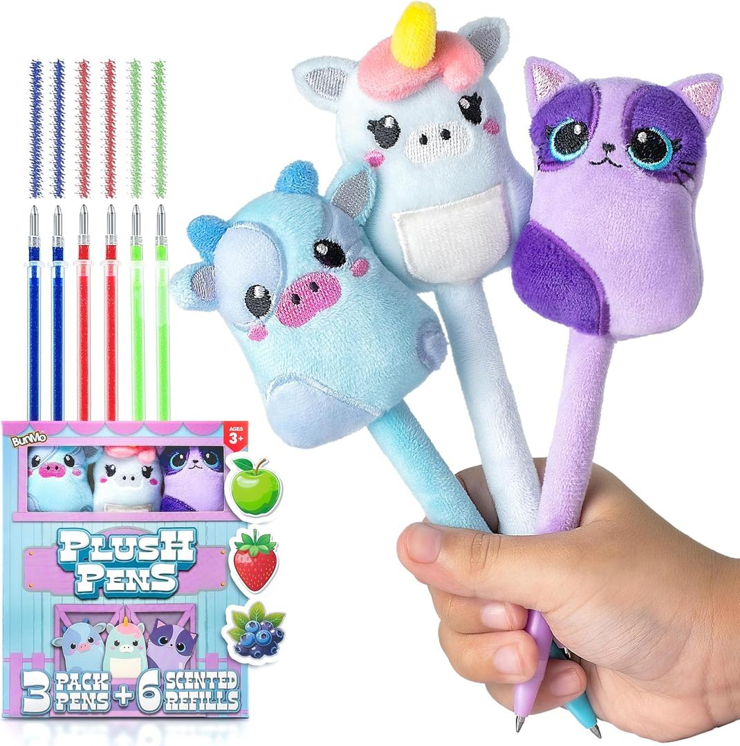 BUNMO Plush Cute Pens 3-Pack Squishy Animal Pens w/Scented Glitter Ink Refills Cat, Cow, Unicorn Fun Writing, Doodling & Journaling for Kids & Teens
