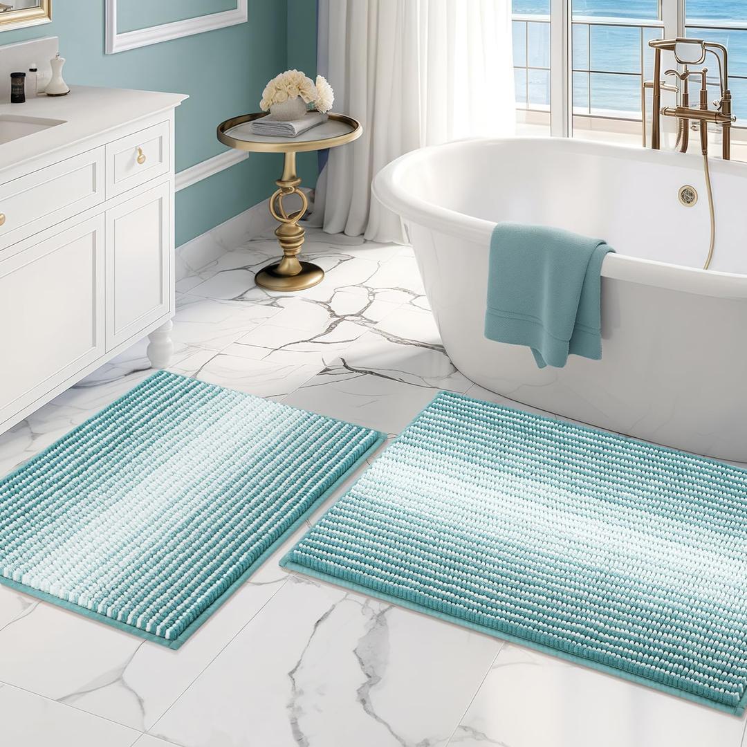 BSICPRO Bathroom Rugs and Mats Sets, 2 Piece Thick Absorbent Chenille Bath Mat Rug Set Non Slip, Soft Shaggy Bath Room Floor Mats for Bathroom, Machine Washable (Aqua Green, 20" x 32" Plus 16" x 24")