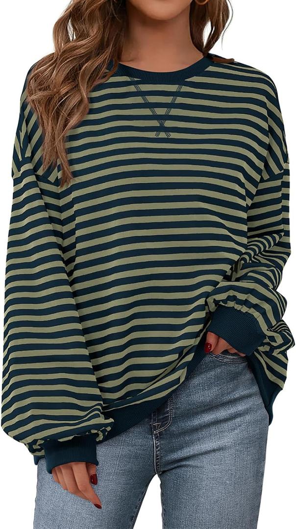 PRETTYGARDEN Womens Striped Oversized Sweatshirt Color Block Crew Neck Long Sleeve Casual Loose Pullover Top Y2K Clothes (XL)