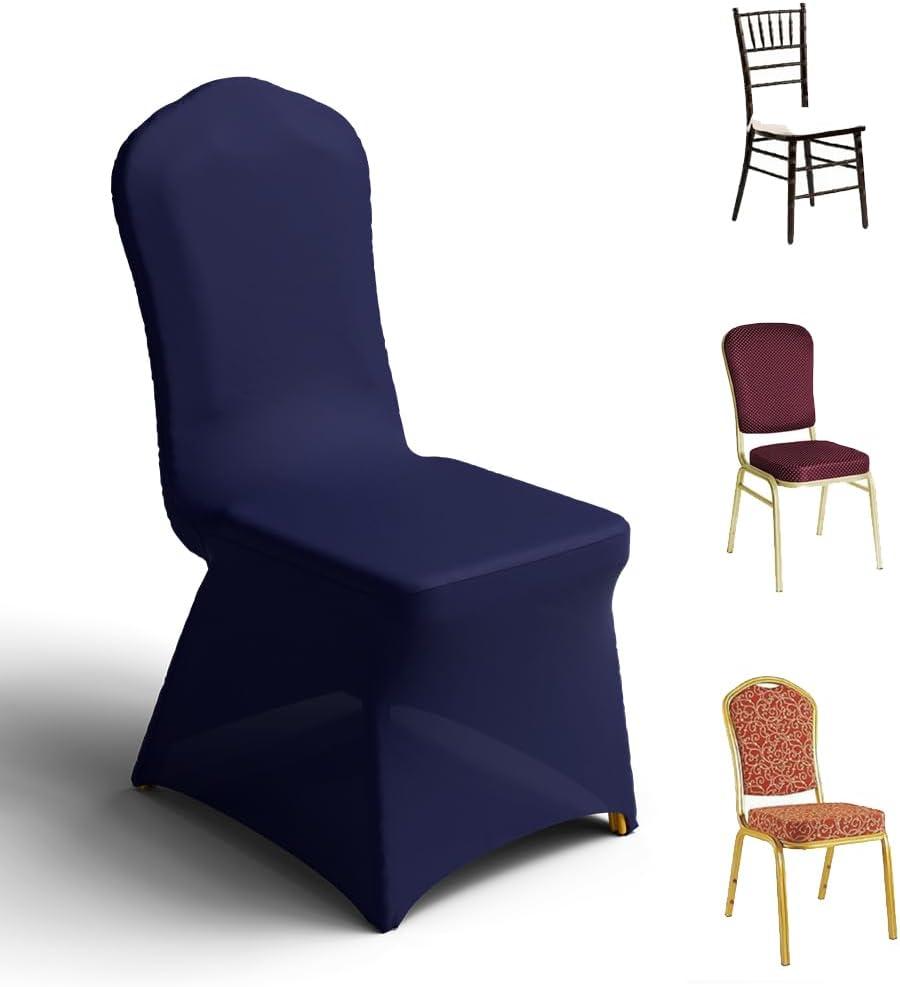 Trlyc 100 Pcs Spandex Chair Covers for Dining Chairs Stretch Polyester Dining Chairs Slipcovers for Wedding Party Decor Banquet Flat-Front Chair Cover (Navy Blue) (Navy Blue-for Banquet)