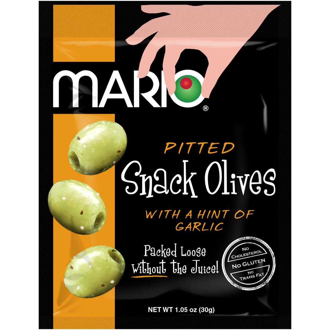 Mario Camacho Foods Pitted Snack Olives - Green Olives with a Hint of Garlic - 1.05 oz Pouches (Pack of 12), Best By: 10/26/2025