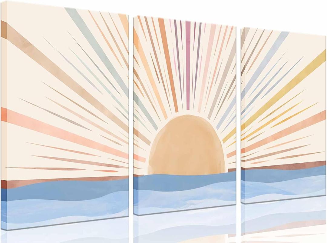 3Pcs Framed Boho Canvas Wall Art Sun Sunrise Yellow Line Pictures Prints Wall Decor Modern Mid Century Rainbow Posters Nature for Living Room Bedroom Bathroom Office Home Decoration16x24inx3, 16x24inx3pcs