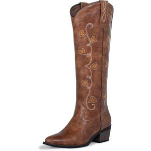 J's.o.l.e Women's Knee High Cowboy Boots Wide Calf Snip Toe Fashion Western Cowgirl Boots (Brown) Size 41