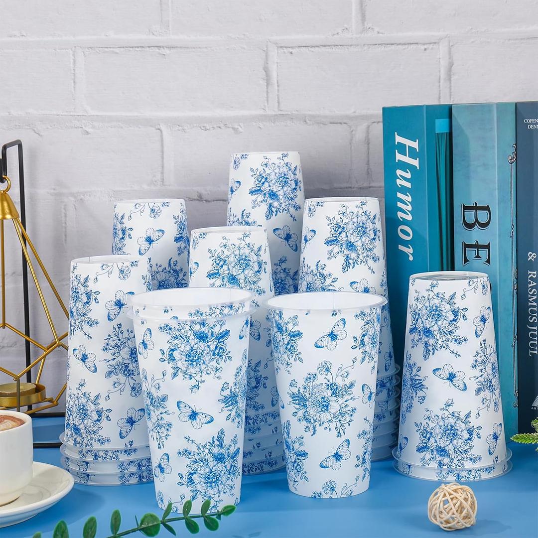 FYSUIMU 50 Pcs Blue White Floral Plastic Cups Chinoiserie Flower Butterfly Disposable Cups 16 oz Party Drinkware for Wedding Birthday Baby Shower Supplies
