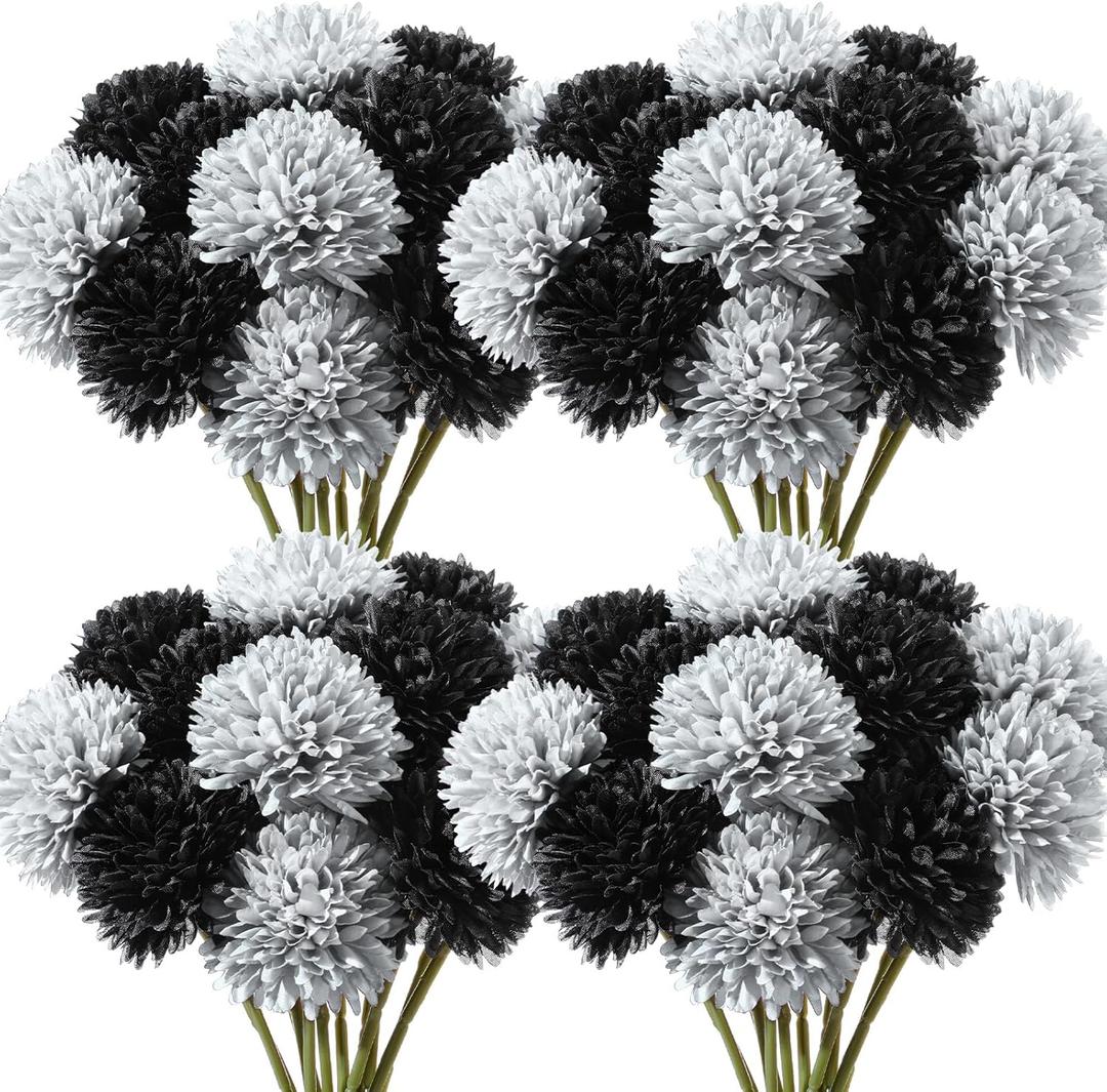 48 Pcs Artificial Chrysanthemums Ball Bouquet Black Halloween Faux Marigold Flowers Plastic Hydrangea Fake Silk Flowers for Dia De Los Muertos Home Party Table Decor(Black, Silver)
