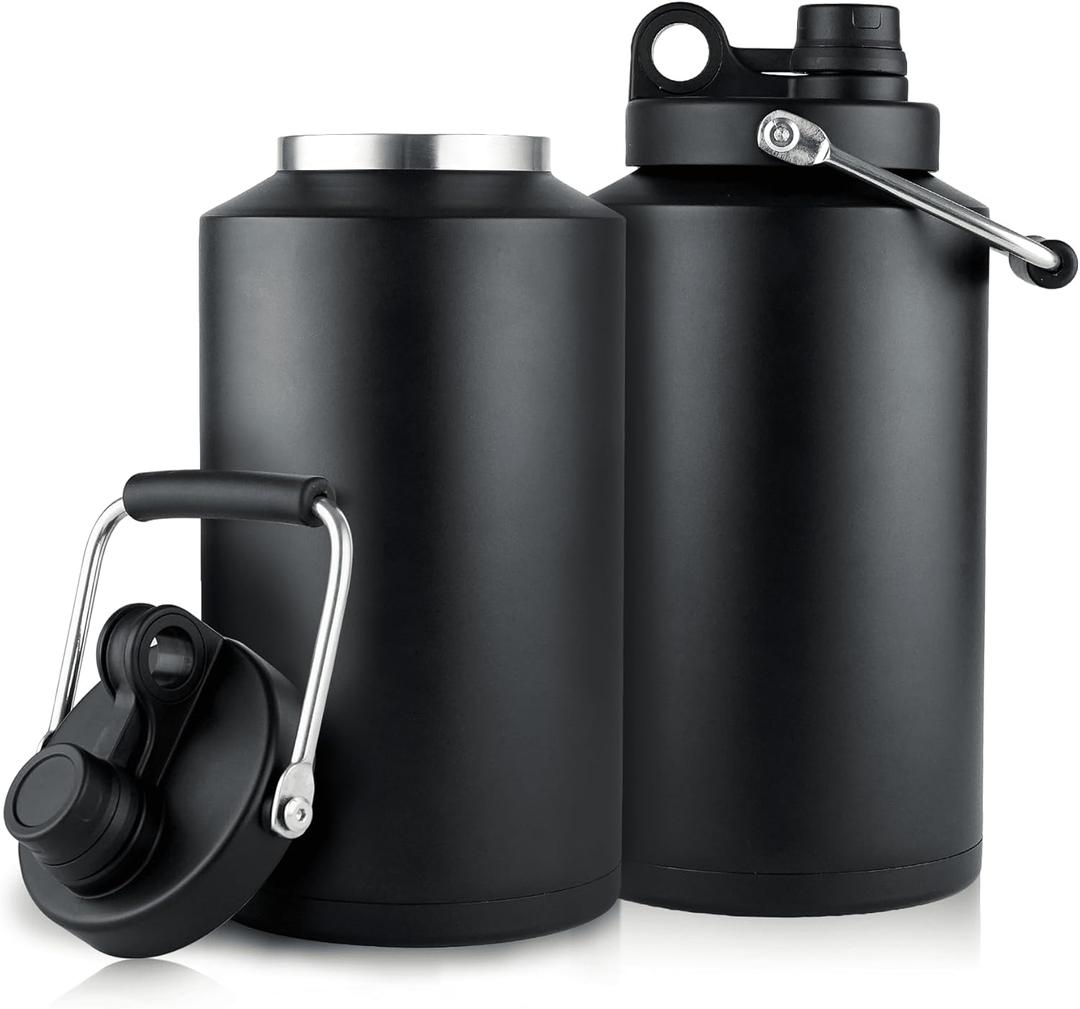 1 Gallon Water Bottle Insulated Stainless Steel Keeps Ice 48Hr, Large Water Gallon Jug Wide Mouth Leakproof Vacuum for Gym, Camping, & Construction Black (2 Packs)