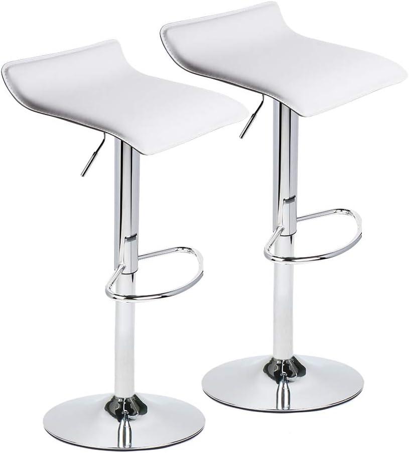 Set of 2 Barstool, Adjustable Swivel Bar Stools with PU Leather and Chrome Base, Gaslift Pub Counter Chairs, White, 15 inches x 15 inches x 33 inches