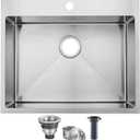 SHACO 25x22 Inch Drop In Kitchen Sink, Top Mount 16 Gauge 304 Stainless Steel 8 Inch Deep Drop In RV Laundry Utility Sink, Brushed Nickel Single Bowl Sink Topmount Overmount Sinks with Drain