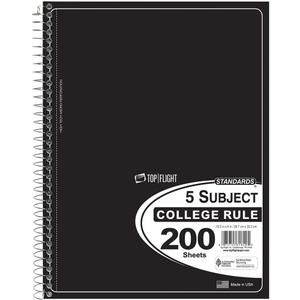 Top Flight Standards 5-Subject Wirebound Notebook, 200 Sheets, 3-Hole Punched, College Rule, 10.5 x 8 Inches, 1 Notebook, Color May Vary (31820)