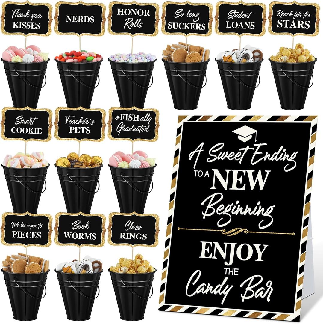 25 Pcs Graduation Candy Buffet Party Decoration Graduation Table Candy Bar Snack Labels Signs and 5'' Buckets with Handle for Class of 2026 High School College(Pure Style,Black)