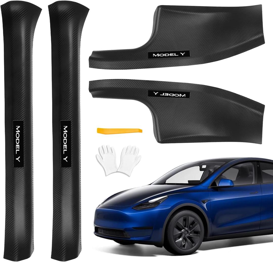 4 Pcs Door Sill Protector for Tesla Model Y 2019-2024 5 Seater - Carbon Fiber Scuff Plate Guards with Installation Kit Front & Rear Pedal Kick Protection, Edge Guards - Not 7-Seater Compatible